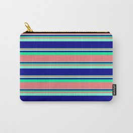 [ Thumbnail: Aquamarine, Dark Blue, Green & Light Coral Colored Stripes Pattern Carry-All Pouch ]