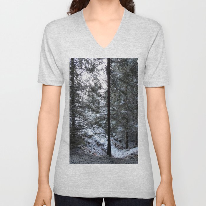 Looking towards the Light in a Scottish Pine Forest V Neck T Shirt