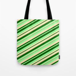 [ Thumbnail: Dark Green, Green, and Beige Colored Stripes Pattern Tote Bag ]