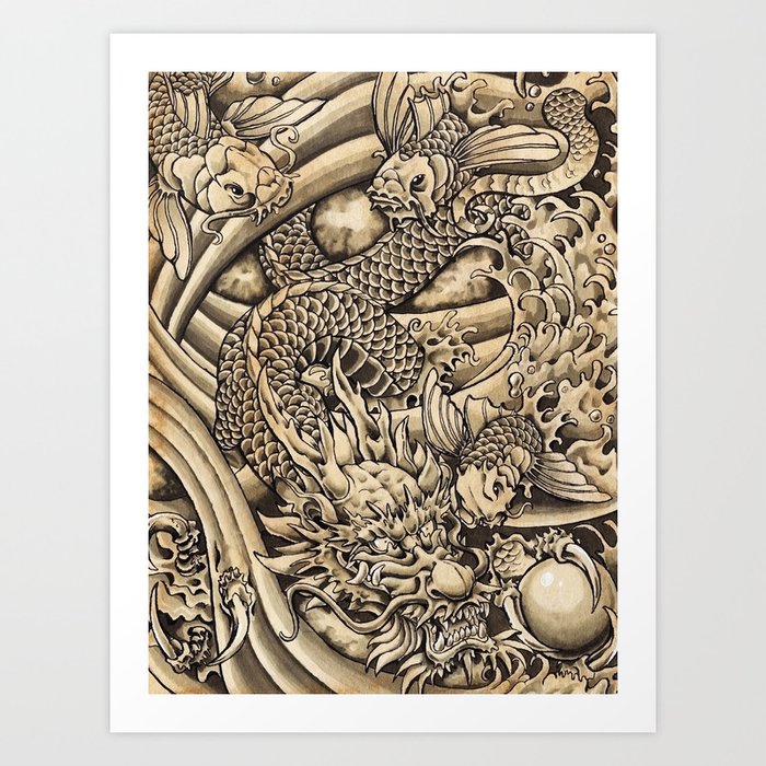 Japanese dragon and Koi fish Art Print