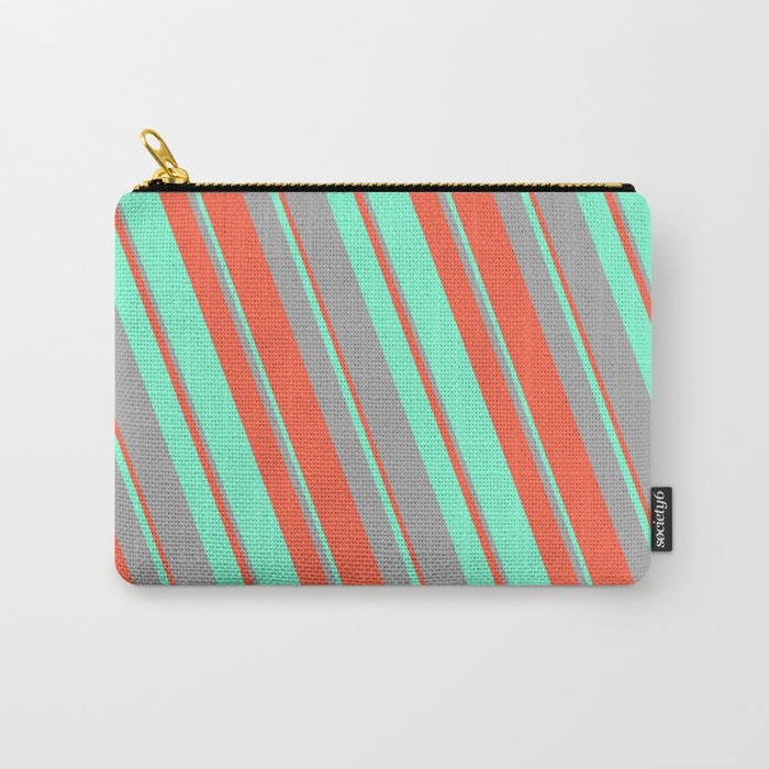 Red, Aquamarine, and Dark Grey Colored Lined/Striped Pattern Carry-All Pouch