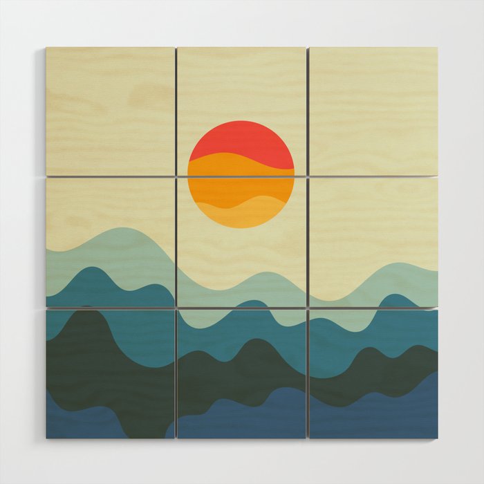 Gentle Rising Sun Over Ocean Waves Minimalist Abstract Nature Art In Vintage 50s & 60s Color Palette Wood Wall Art