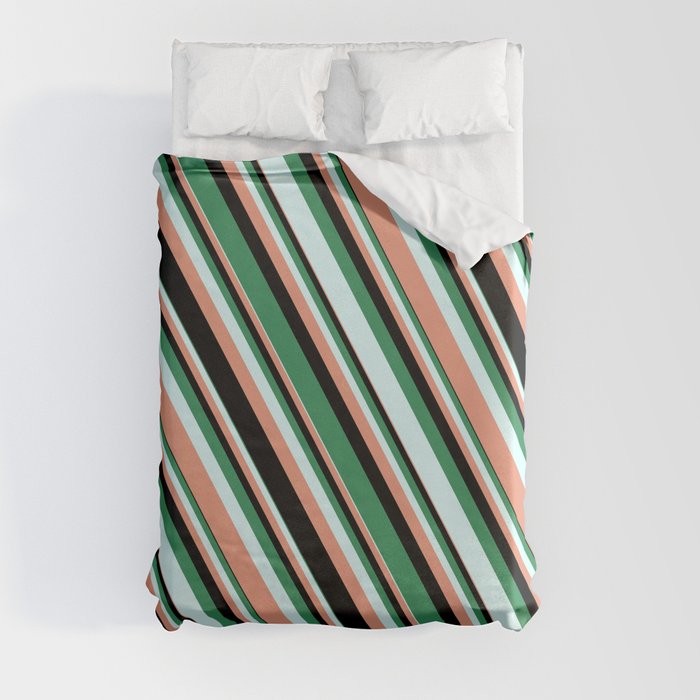 Sea Green, Light Cyan, Dark Salmon, and Black Colored Striped/Lined Pattern Duvet Cover