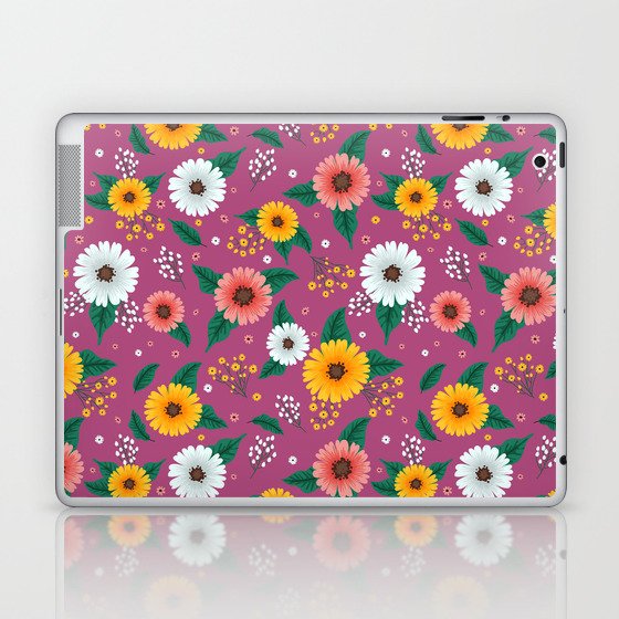 Colorful Spring Flowers Pattern in Magenta Background Laptop & iPad Skin