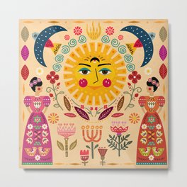 Folk Art Inspired By The Fabulous Frida Metal Print | Painting, Sun, Embroidery, Garden, Quilt, Collage, Woman, Vintage, Surreal, Sunface 