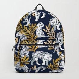 Nouveau white tigers // navy blue background yellow leaves silver lines white animals Backpack