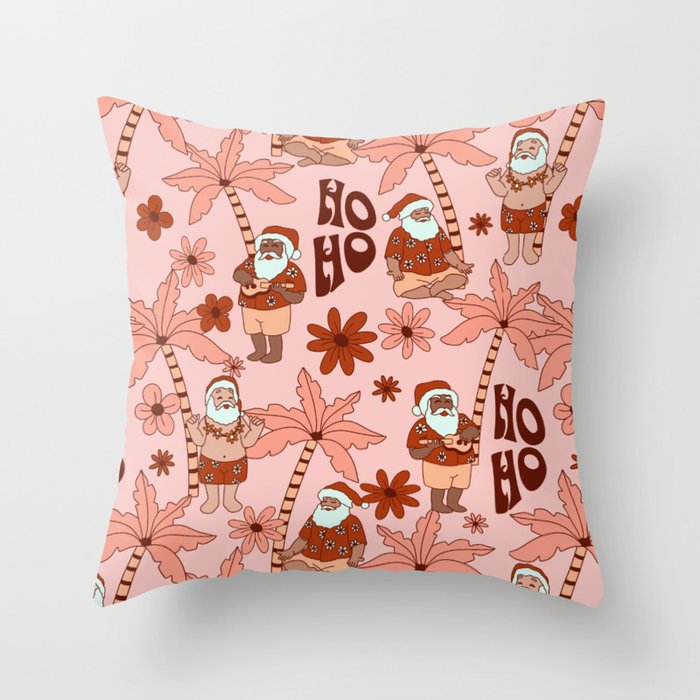 Tropical Christmas Surf Santa Pink Pattern Throw Pillow