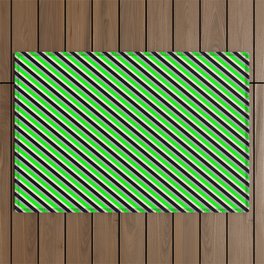 [ Thumbnail: Dark Grey, Lime, Beige, and Black Colored Pattern of Stripes Outdoor Rug ]