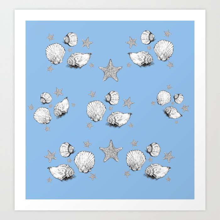 Seashells and Starfish - Blue Art Print