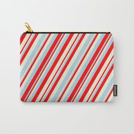 [ Thumbnail: Light Blue, Red, and Beige Colored Lines/Stripes Pattern Carry-All Pouch ]