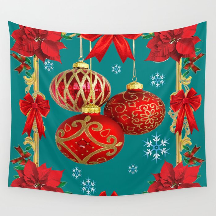 TEAL COLOR RED CHRISTMAS  ORNAMENTS &  POINSETTIAS FLOWER Wall Tapestry