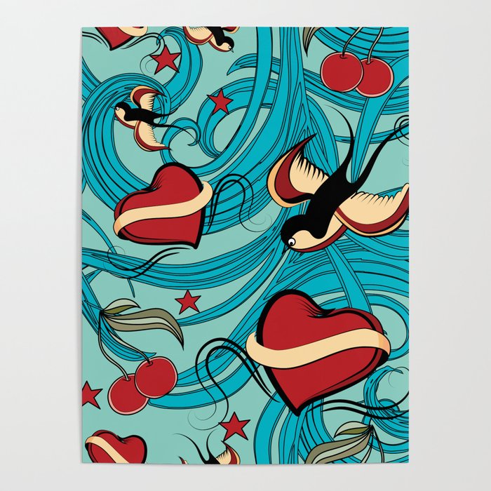 Cherry Hearts Bird And Stars On Rockabilly Tattoos Collection Vintage Blue Poster By Mab Maborlenghi Society6