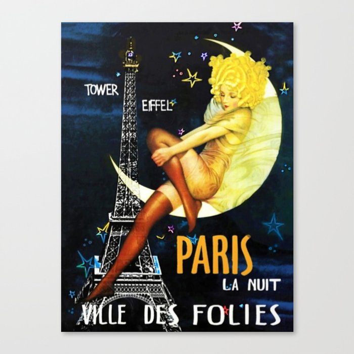 Vintage Paris La Nuit Ville Des Folies Eiffel Tower and Moon Advertising Poster Canvas Print