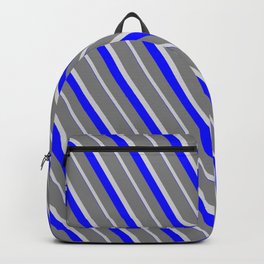 [ Thumbnail: Grey, Light Grey & Blue Colored Striped/Lined Pattern Backpack ]