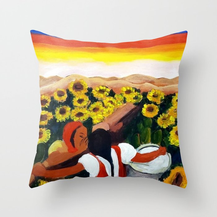 Classical Masterpiece Mexican Sunflowers 'Chismosas' floral landscape painting Throw Pillow