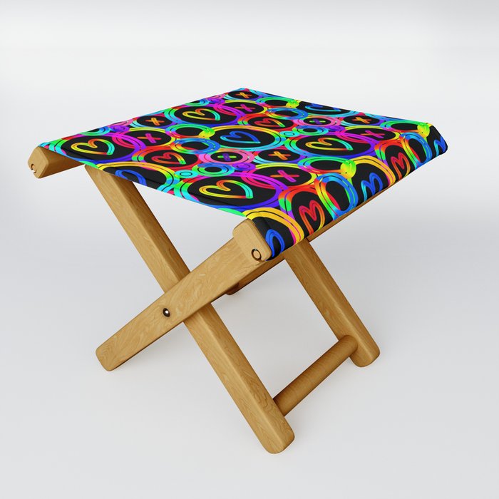 Funky neon rainbow gradient circles pattern with hearts and x shapes Folding Stool