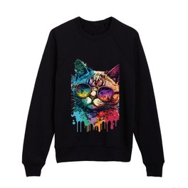 Happy Cat Wearing Sunglasses Colorful - Cats Mom or Dad Gift Idea Funny Kids Crewneck