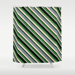 [ Thumbnail: Light Slate Gray, Beige, Black, and Forest Green Colored Lined Pattern Shower Curtain ]