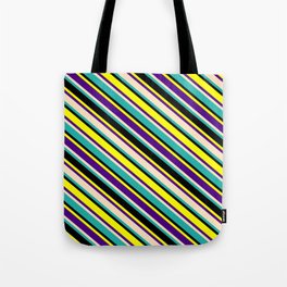 [ Thumbnail: Eyecatching Yellow, Indigo, Bisque, Light Sea Green, and Black Colored Lined Pattern Tote Bag ]