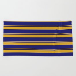 [ Thumbnail: Goldenrod and Midnight Blue Colored Striped/Lined Pattern Beach Towel ]