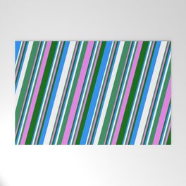 [ Thumbnail: Vibrant Sea Green, Violet, Dark Green, Blue, and White Colored Stripes/Lines Pattern Welcome Mat ]