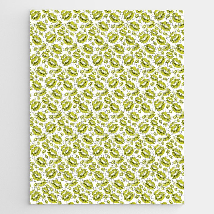 Two Kisses Collided Olive Green Lips Pattern On White Background Jigsaw Puzzle