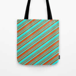 [ Thumbnail: Red & Cyan Colored Lined/Striped Pattern Tote Bag ]