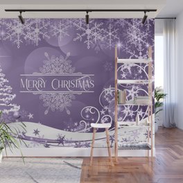 Merry Christmas, Christmas Tree, Snowflakes, Flowers and Stars on Purple Wall Mural