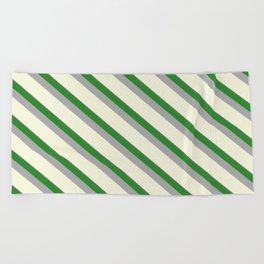 [ Thumbnail: Dim Grey, Forest Green, Dark Gray & Beige Colored Pattern of Stripes Beach Towel ]