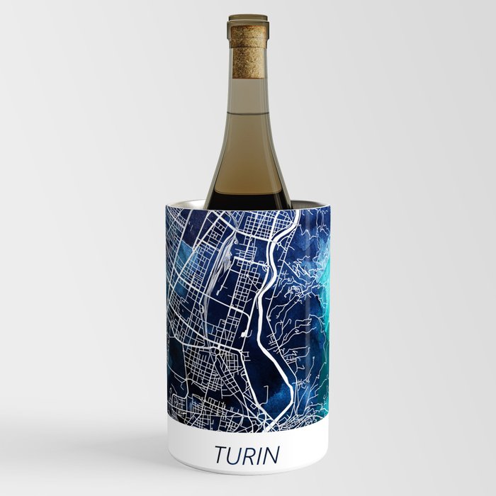 Turin Map Navy Blue Turquoise Watercolor Turin Italy City Street Map Wine Chiller