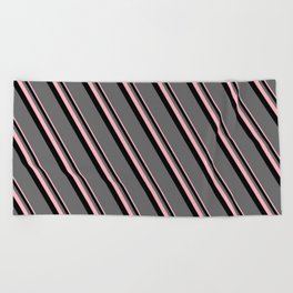 [ Thumbnail: Light Pink, Black, and Dim Gray Colored Lines/Stripes Pattern Beach Towel ]