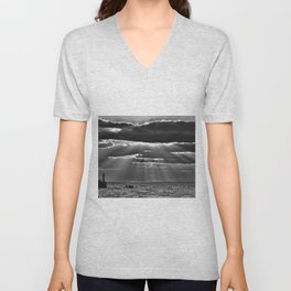 Rays of sun and lighthouse sun through clouds seascape coastal portrait black and white photograph - photography - photographs V Neck T Shirt