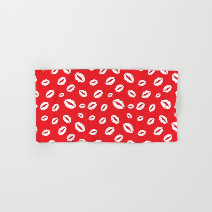 Lipstick kisses on red background. Digital Illustration background Hand & Bath Towel