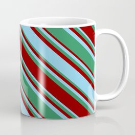 [ Thumbnail: Sky Blue, Sea Green, and Dark Red Colored Lined/Striped Pattern Coffee Mug ]