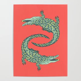 Crocodiles (Deep Coral and Mint Palette) Poster