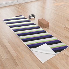 [ Thumbnail: Eyecatching Chartreuse, Orchid, Midnight Blue, Black, and White Colored Lines/Stripes Pattern Yoga Towel ]