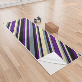 [ Thumbnail: Light Slate Gray, Pale Goldenrod, Indigo, and Black Colored Lined/Striped Pattern Yoga Towel ]