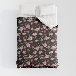 Watercolor Pink Daisies in Black Background Comforter