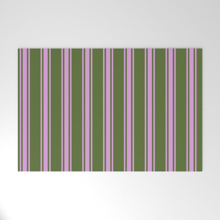 Dark Olive Green & Plum Colored Striped/Lined Pattern Welcome Mat