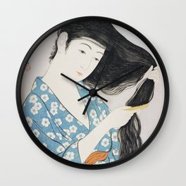 Woman Combing Her Hair Wall Clock | Beauty, Asian, Vintage, Hashiguchi, Japanese, Combing, Kimono, Watercolor, Japaneseart, Female 