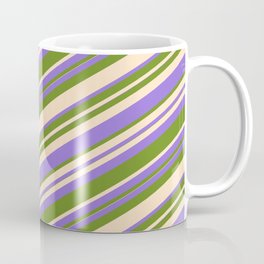 [ Thumbnail: Purple, Green, and Bisque Colored Lined Pattern Coffee Mug ]
