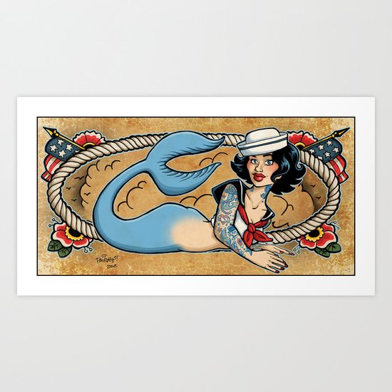 Brunette Sailor Mermaid Art Print