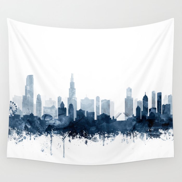 Chicago Skyline Navy Blue Watercolor by Zouzounio Art Wall Tapestry