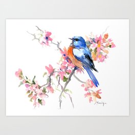 Bluebird and Cherry Blossom Art Print