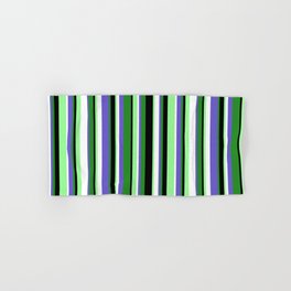 [ Thumbnail: Colorful Forest Green, Slate Blue, White, Green, and Black Colored Stripes Pattern Hand & Bath Towel ]