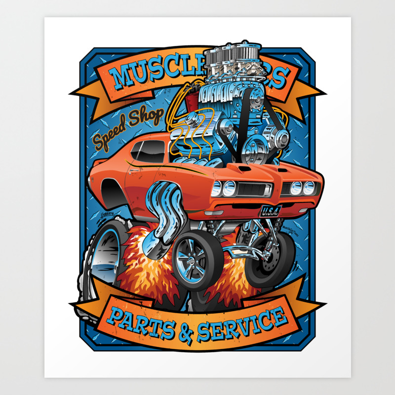 Classic Sixties Muscle Car Parts Service Cartoon Art Print By