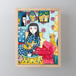 A Girl With Her Ginger Cats Framed Mini Art Print
