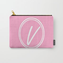 Monogram - Letter V on Carnation Pink Background Carry-All Pouch | Solidcolor, Solidpink, Graphicdesign, Vmonogram, Monogram, Carnationpink, Pink, Pinksolidcolor, Vinitial, White 
