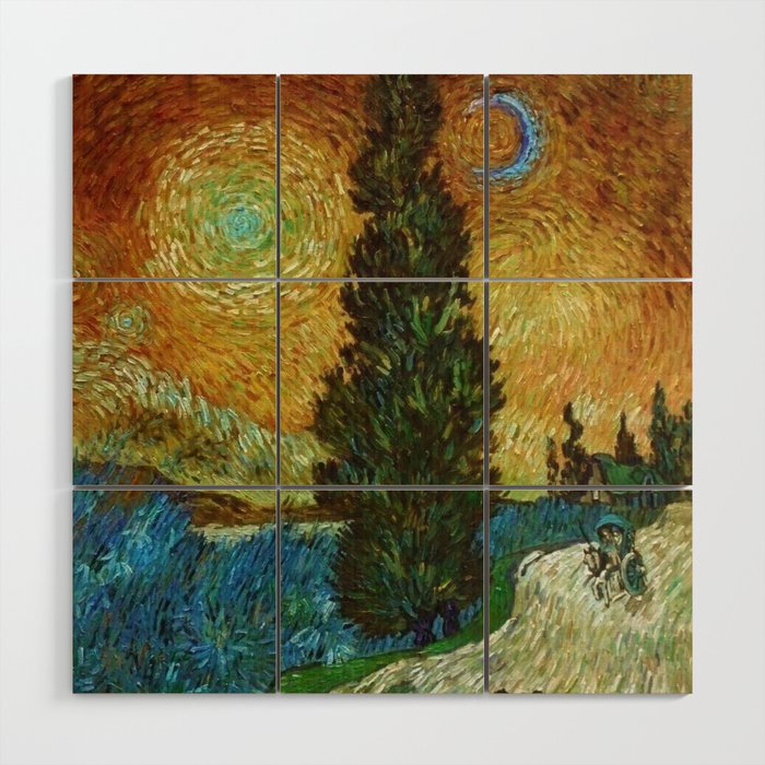 Road with Cypress and Star; Country Road in Provence by Night, oil-on-canvas post-impressionist landscape painting by Vincent van Gogh in alternate gold twilight sky Wood Wall Art