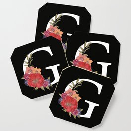Monogram Letter G with Flowers Black background Coaster